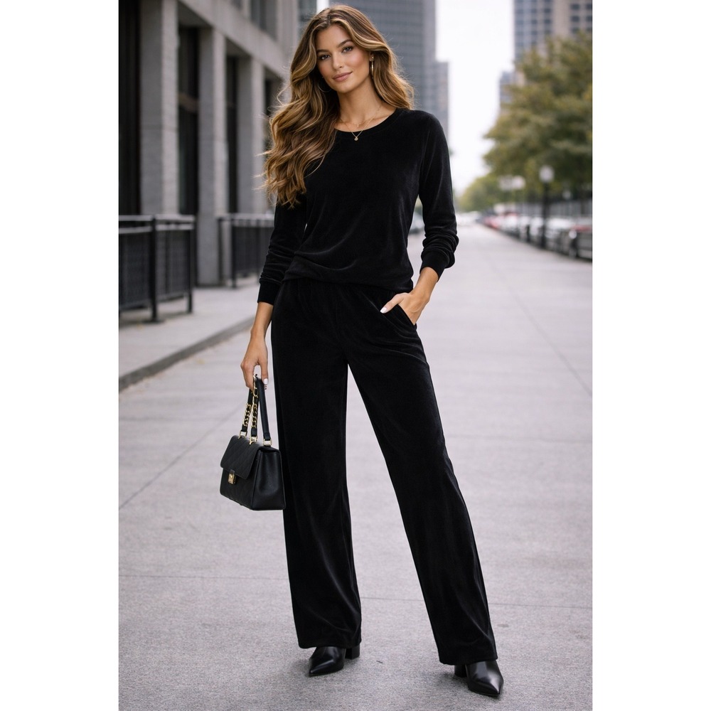Notations Pants Women M Black Wide Leg Pull On High Rise Velvet Elevated Vintage
